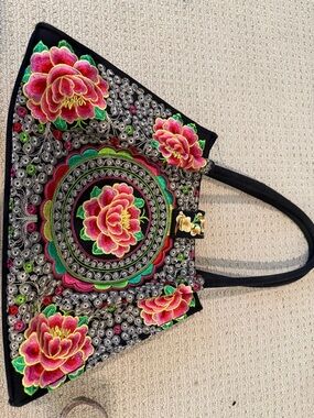 Black Embroidered Floral Tote with Pink & Green Detailing